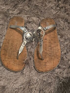 Michael Kors Silver Thong Sandals with Cork Footbed